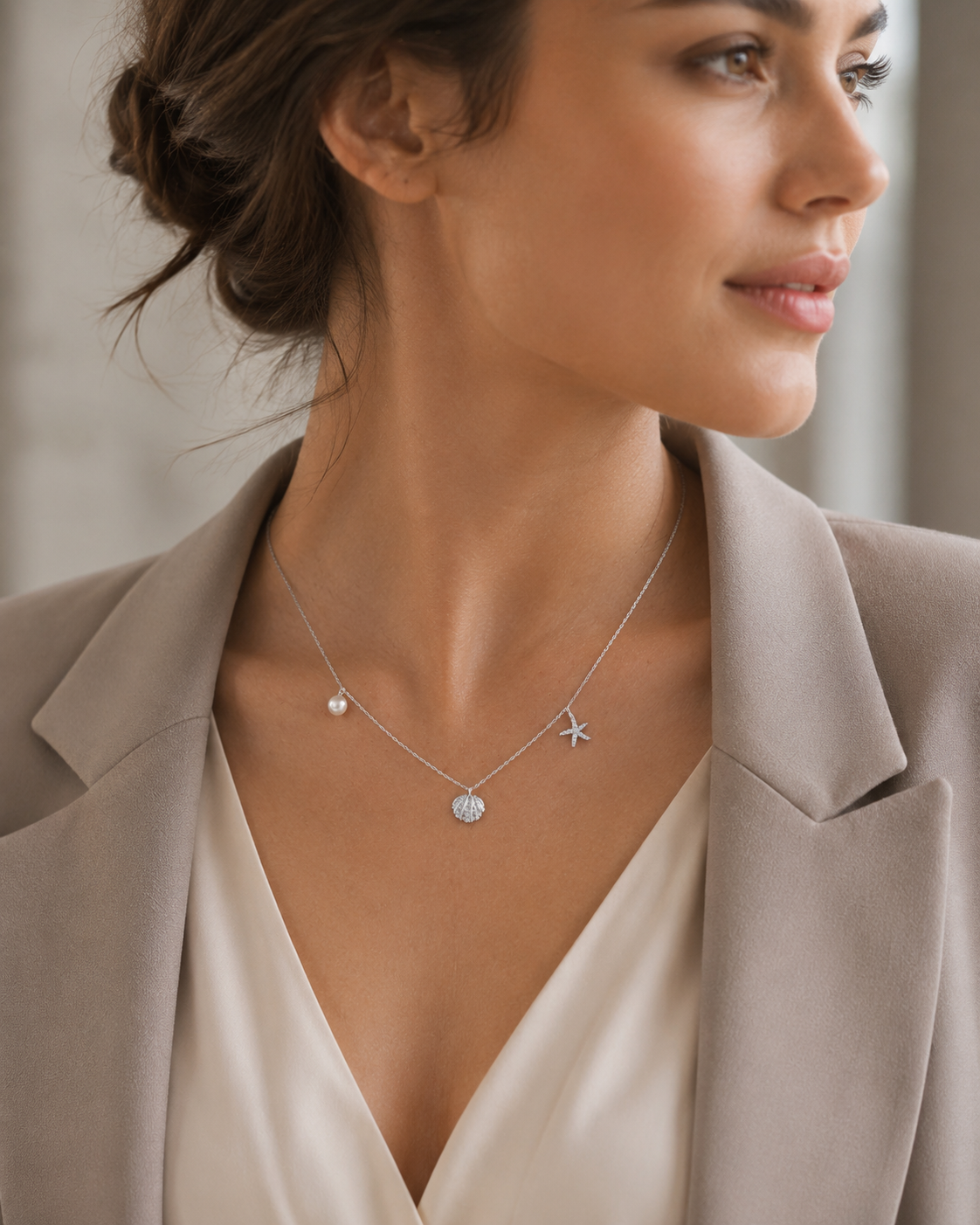 SelinaNor Elegante silberfarbene Halskette mit maritimen Anhängern zu Blazer und heller Bluse im modernen Business-Look.