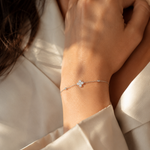 SigneNor Armband aus 925 Sterling Silber mit Zirkonia-Kleeblatt in warmer natürlicher Lichtstimmung am Handgelenk.