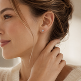 SigneNor Feiner Ohrstecker aus 925 Sterling Silber in Kleeblattform im femininen Lifestyle-Look getragen, kombiniert mit hellem Strick und sanfter Pose.