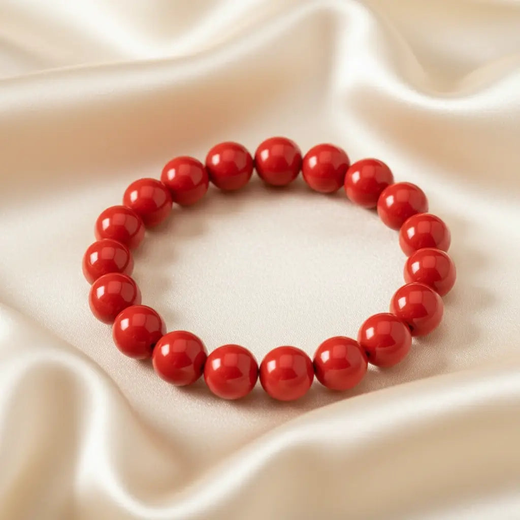 Ein Armbands aus glänzenden, roten Perlen, das auf einem beigefarbenen, seidenartigen Stoff liegt.