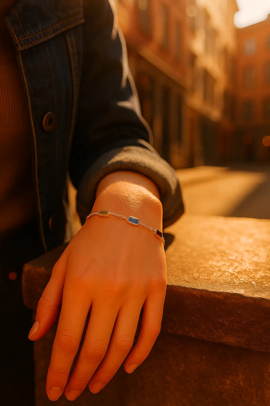 Eine Frau trägt ein silbernes Armband mit fünf farbigen Edelsteinen an ihrem Handgelenk. Ihr Arm ruht auf einem warm beleuchteten Stein, im Hintergrund eine sonnige urbane Szenerie mit sanft verschwommenen Gebäuden.