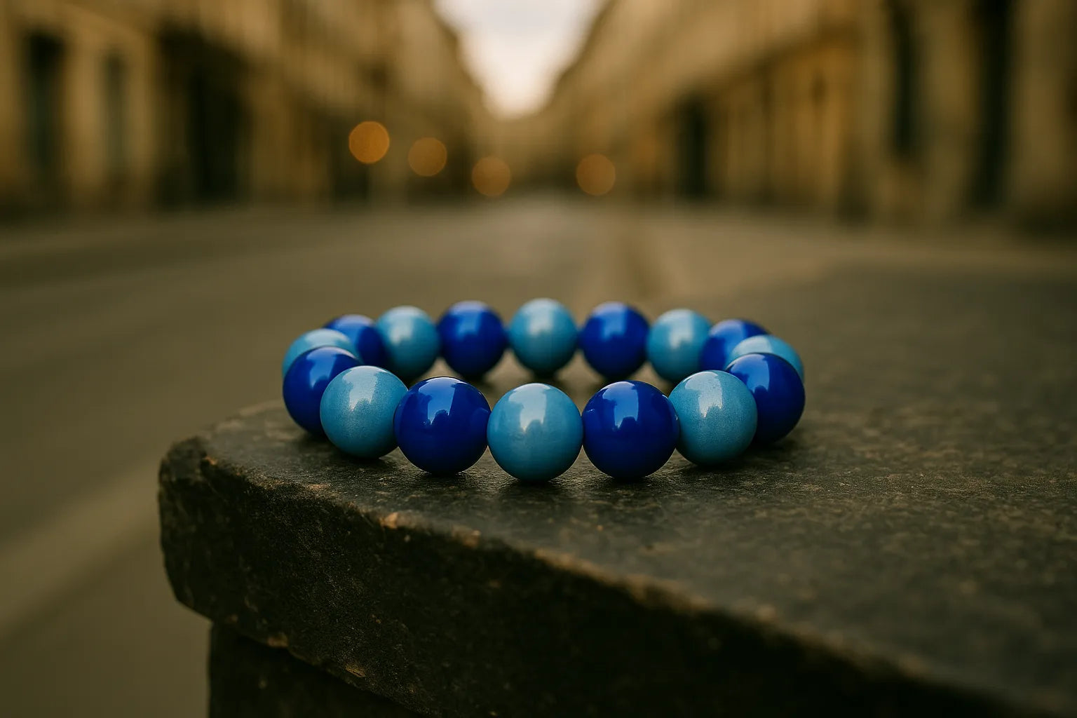 Ein Armband aus glänzenden blauen und hellblauen Perlen liegt auf einem steinernen Podest in einer Stadtstraße. Der Hintergrund mit Gebäuden und warmen Lichtern ist unscharf, wodurch das Armband im Vordergrund hervorgehoben wird.