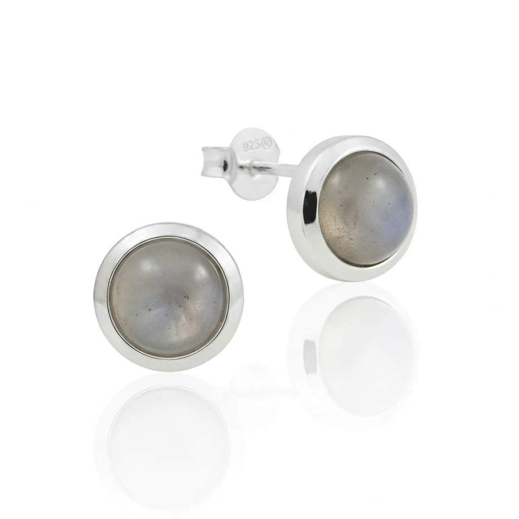 Elegante Damenohrstecker aus 925er Sterlingsilber mit rundem grauen Mondstein Edelstein.