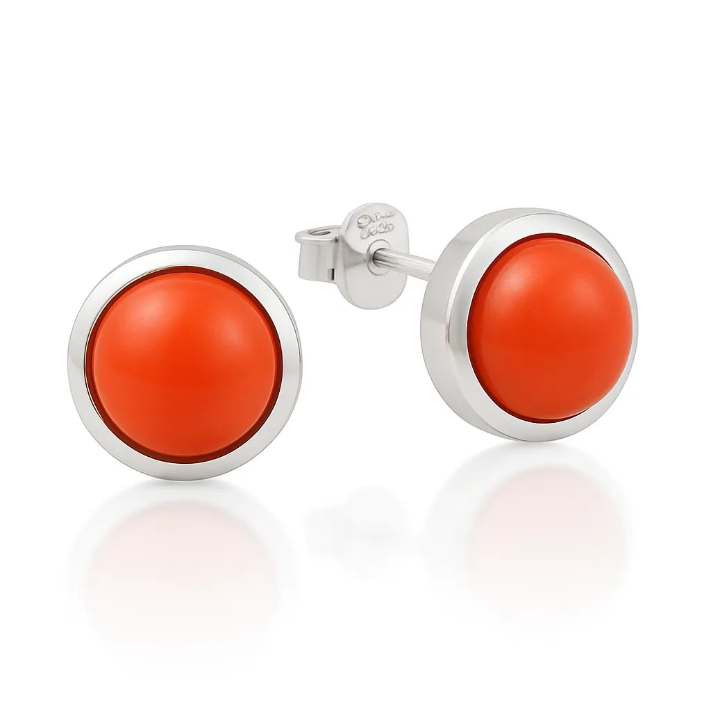 Elegante Damenohrstecker aus 925er Sterlingsilber mit rundem Koralle Edelstein.