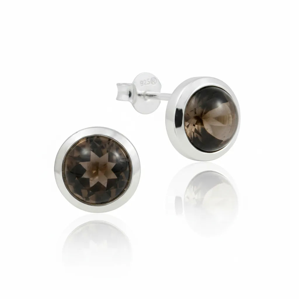 Elegante Damenohrstecker aus 925er Sterlingsilber mit rundem Rauchquarz Edelstein.