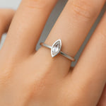 Eine Nahaufnahme einer Frauenhand, die einen eleganten Silberring mit einem kleinen, länglich facettierten Mondstein am Ringfinger trägt. Der transparente Stein zeigt zarte Blauschimmer, eingefasst in eine schlichte, glänzende Fassung. Der Fokus liegt klar auf dem Ring, während der Hintergrund neutral und weich verschwommen ist.
