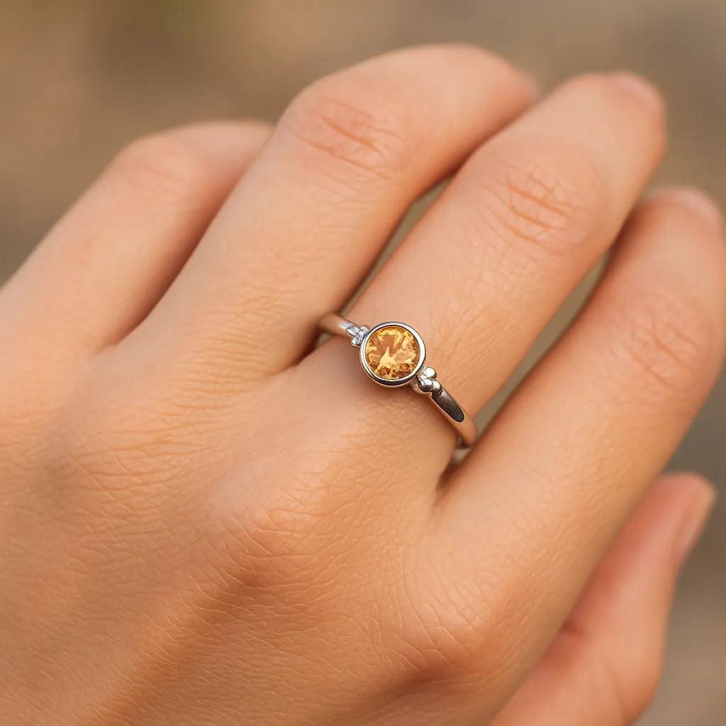 Eine Nahaufnahme einer Frauenhand zeigt einen eleganten Silberring mit einem runden, facettierten Citrin. Der goldgelbe Edelstein mit 4 mm Durchmesser ist in eine glatte Fassung eingefasst und von kleinen silbernen Kugeldetails flankiert. Weiches, natürliches Licht lässt den Citrin warm leuchten, während die polierte Ringschiene dezent im neutralen Hintergrund reflektiert.
