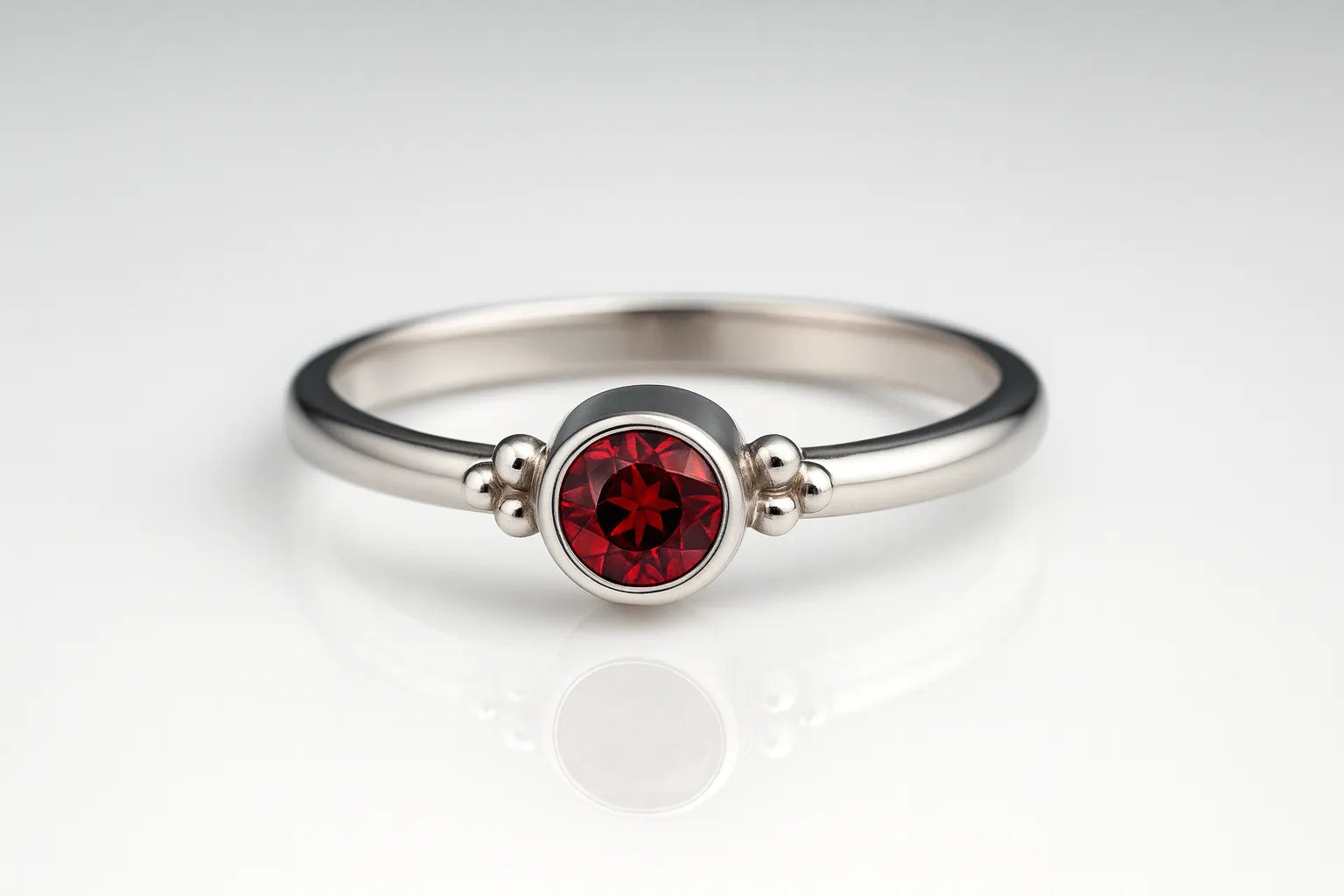 `Hochwertiges Produktfoto eines filigranen Damenrings aus 925 Sterling Silber mit rund facettiertem Granat (4 mm) in Zargenfassung und seitlichen Silberkügelchen, frontal aufgenommen auf hellem spiegelnden Hintergrund 