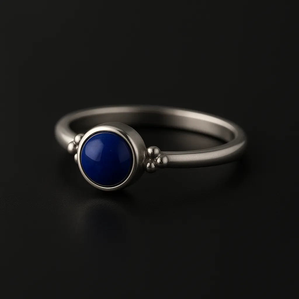 Damenring aus Sterling Silber mit rundem Lapislazuli Cabochon in Zargenfassung – eleganter Silberring mit dunkelblauem Edelstein auf schwarzem Hintergrund, edler Schmuck für Frauen.

