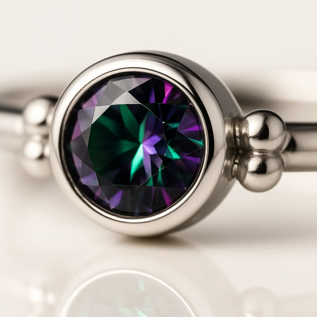 "Detailaufnahme Damenring aus Silber mit rundem facettiertem Mystic Topas in Grün-Lila Schimmer in Zargenfassung und polierten Kugeldetails – hochwertiger Silberring Nahaufnahme"
