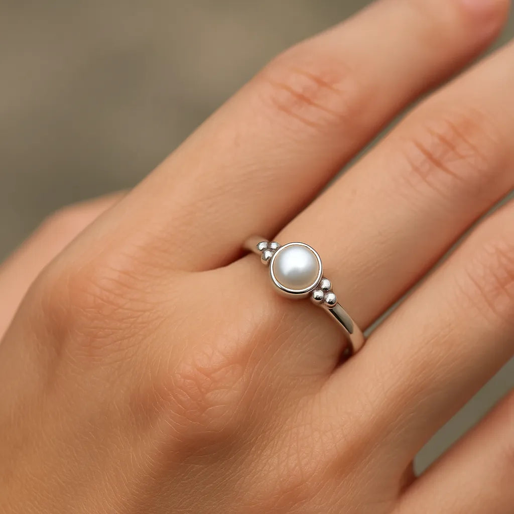 Eine Nahaufnahme einer Frauenhand zeigt einen eleganten Silberring mit einer runden, weißen Perle im Cabochon-Schliff. Der Ring besitzt eine glatte, polierte Ringschiene und kleine silberne Kugeldetails neben der Fassung. Weiches, natürliches Licht betont den zarten Glanz der Perle und den kühlen Schimmer des Silbers vor einem neutralen, unscharfen Hintergrund.
