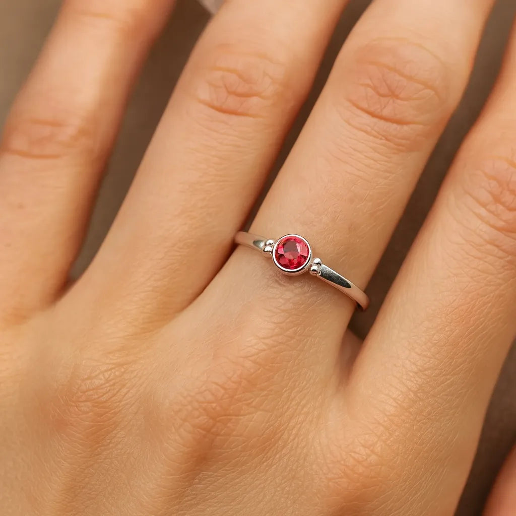 Nahaufnahme einer Frauenhand mit einem zarten Silberring am Ringfinger. Der Ring ist mit einem etwa 4 mm großen, facettierten Rubin besetzt, der in einer runden Zargenfassung sitzt. Kleine Silberkügelchen flankieren den Stein auf beiden Seiten. Das Licht hebt den Glanz des Silbers und das tiefe Rot des Rubins hervor, während die natürliche Hautstruktur der Hand fein sichtbar bleibt.

