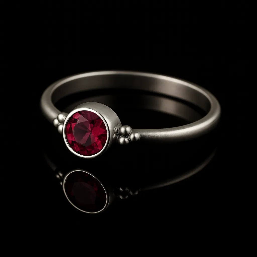Schlichter Silberring mit rundem, facettierten, tief rubinroten Stein in Zargenfassung und dekorativen Silberkügelchen an den Seiten, liegend auf schwarzem, stark reflektierendem Untergrund mit deutlicher Spiegelung des Rings.