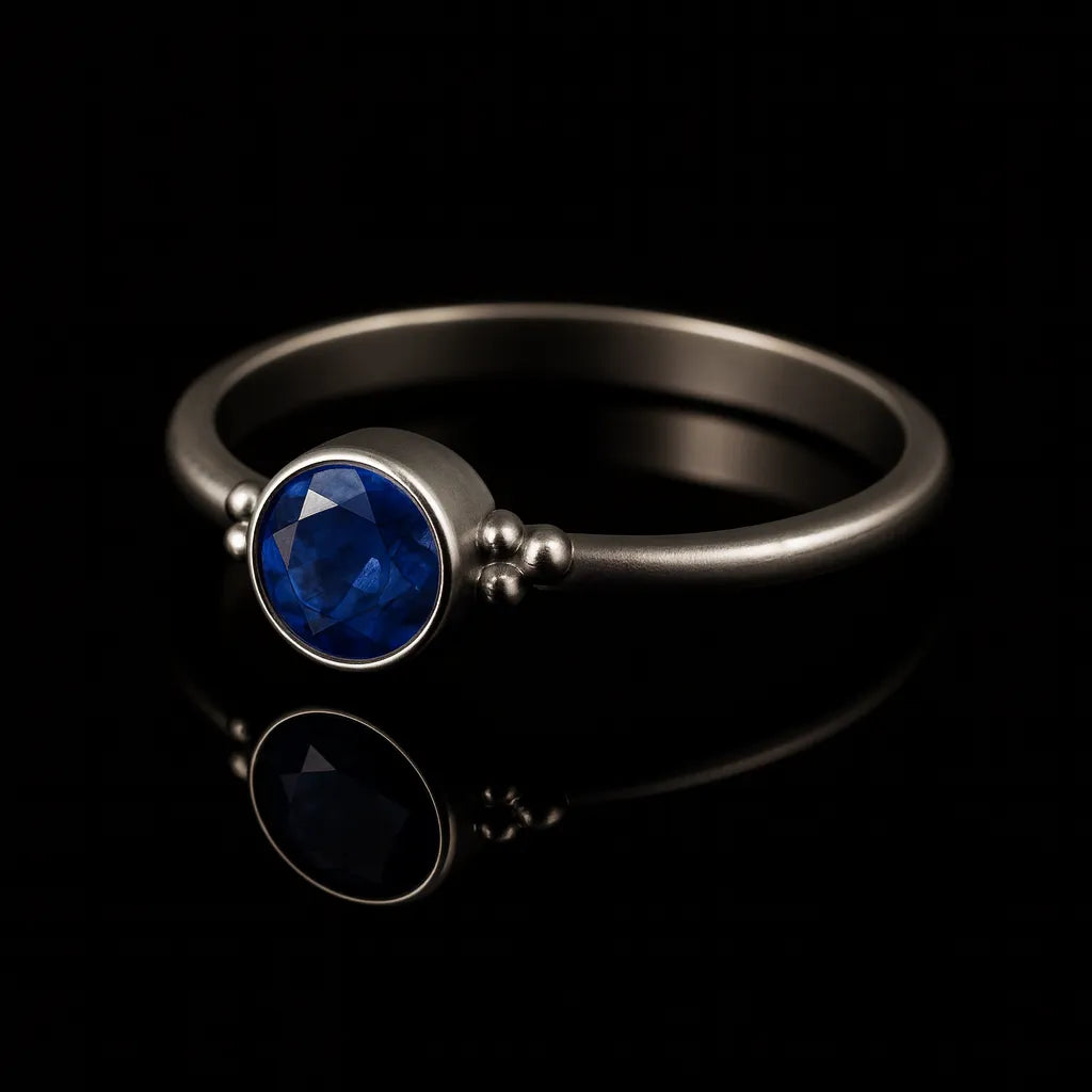 Eleganter Silberring mit rundem, facettierten, intensiv königsblauen Stein in Zargenfassung und dekorativen Silberkügelchen an den Seiten, liegend auf schwarzem, stark reflektierendem Untergrund mit klarer Spiegelung des Rings.