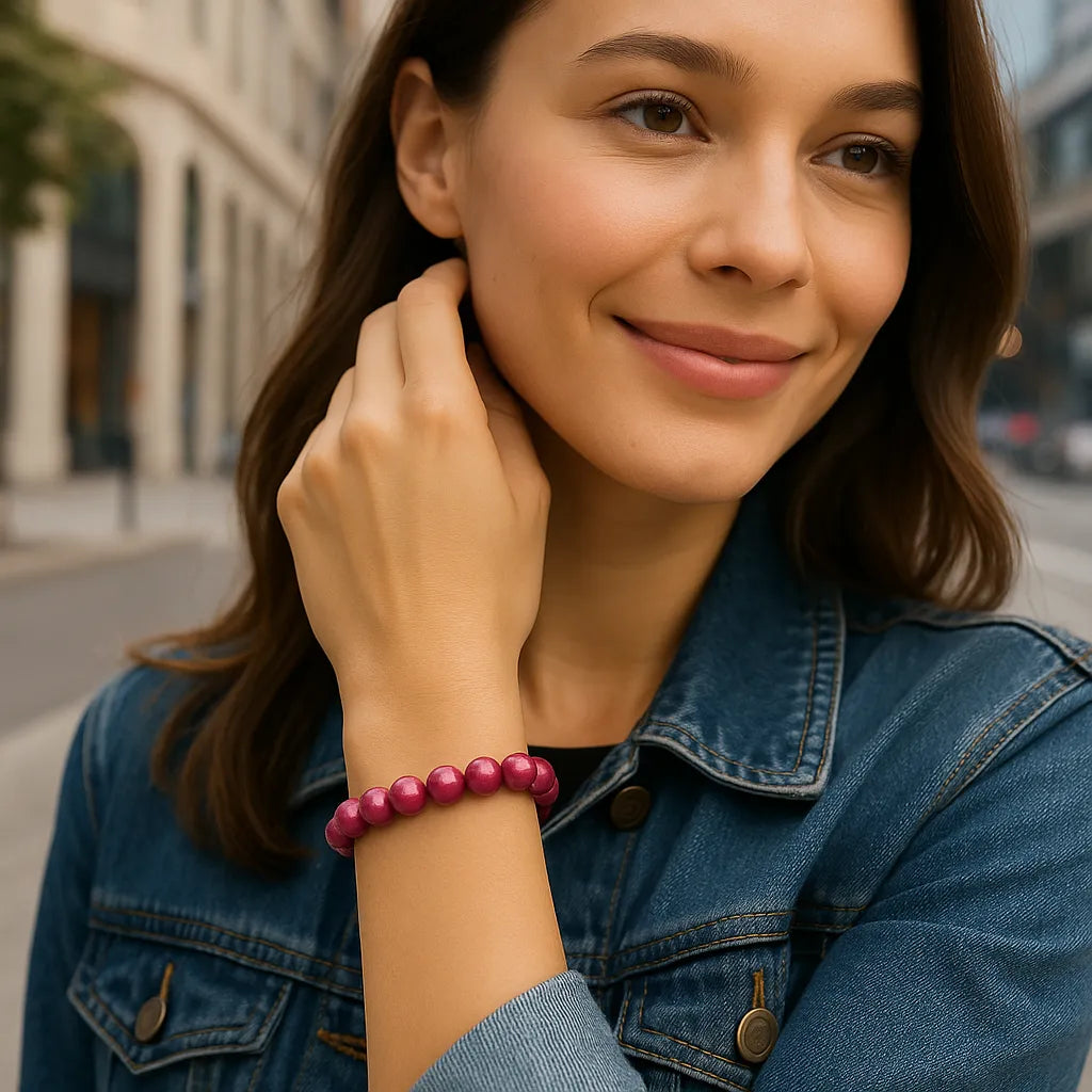 Eine junge Frau in urbaner Umgebung trägt ein pinkfarbenes Perlenarmband am Handgelenk. Der Fokus liegt auf dem Schmuckstück, während die Frau entspannt und stilvoll wirkt.