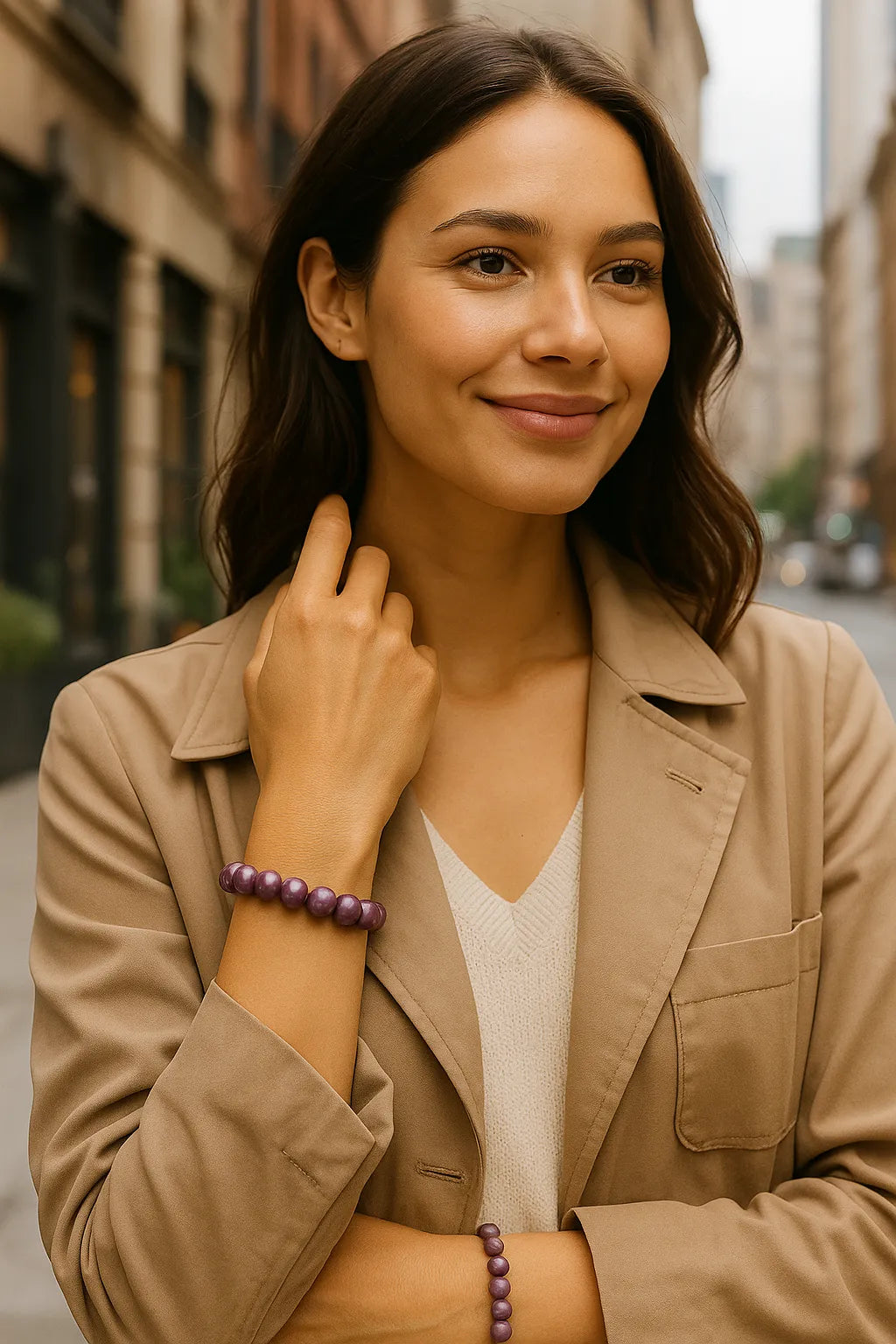 Eine Nahaufnahme einer Frau mit braunen Haaren, die eine beige Jacke und ein weißes Oberteil trägt und eine lila Perlenarmkette am linken Handgelenk hat. Sie lächelt leicht und ihr rechter Arm ist verschränkt, während ihre Hand ihren Hals berührt. Der Hintergrund ist leicht unscharf und zeigt eine städtische Umgebung mit Gebäuden und Bäumen.