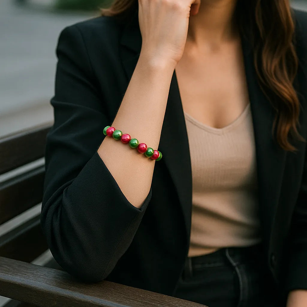 Eine modern gekleidete Frau sitzt auf einer dunklen Parkbank in urbaner Umgebung. Sie trägt ein schwarzes Sakko über einem beigefarbenen Top, und an ihrem Handgelenk befindet sich ein glänzendes Armband mit abwechselnd pinken und grünen Perlen. Der Fokus liegt auf dem Armband, während Hintergrund und restliche Szene sanft verschwommen sind.