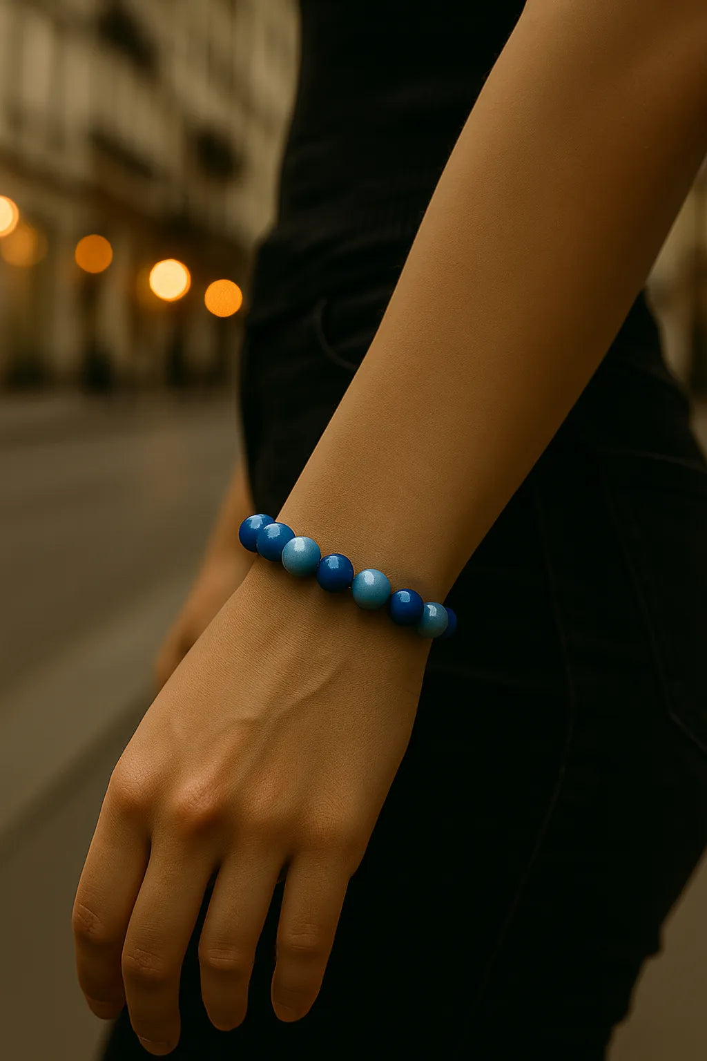 Eine Person trägt ein Armband aus glänzenden dunkelblauen und hellblauen Perlen am Handgelenk. Die Person steht auf einer Stadtstraße, trägt ein beigefarbenes Oberteil und schwarze Hose. Der Fokus liegt auf dem Armband und dem Unterarm.