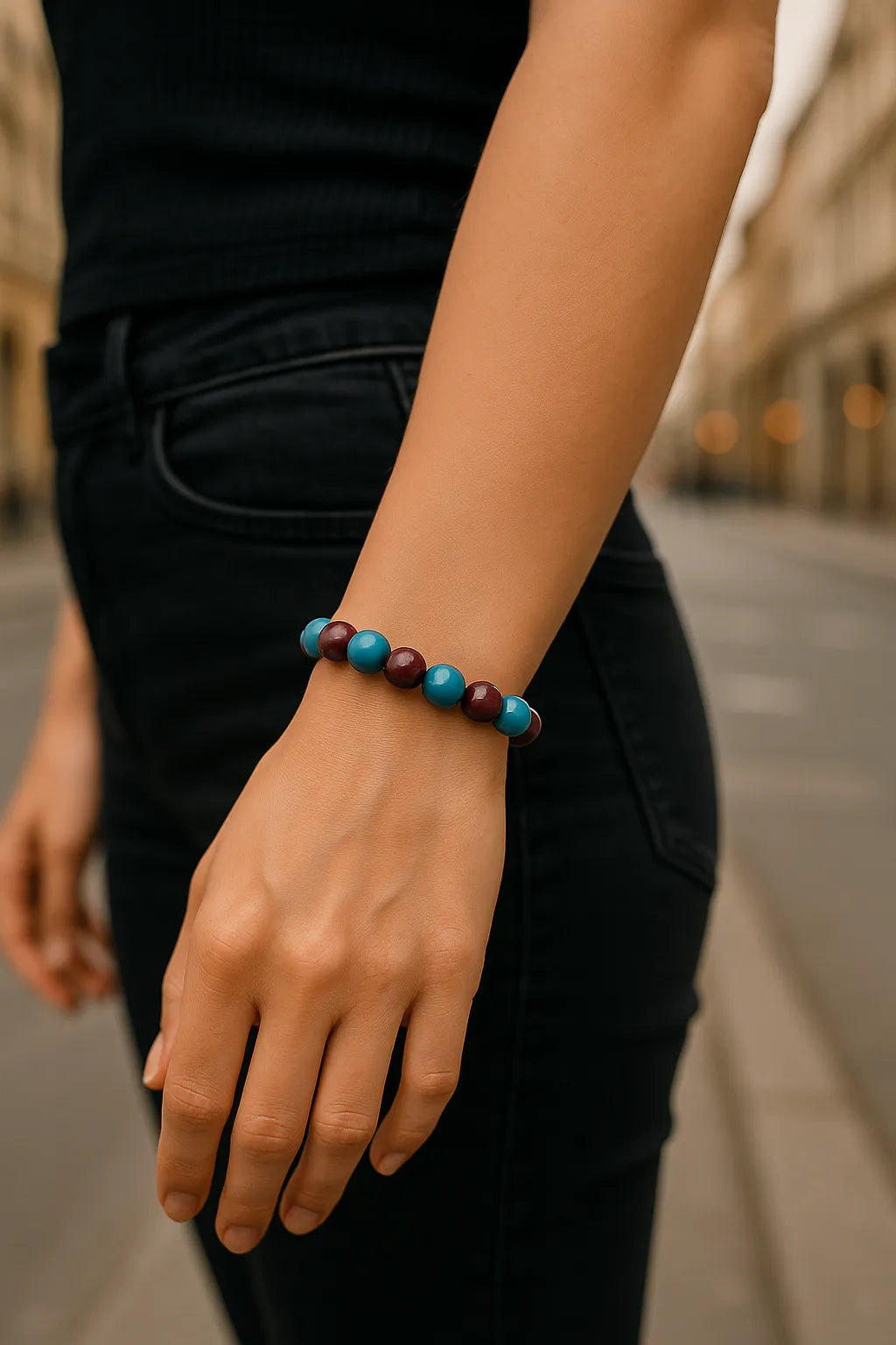 Eine Person trägt ein Armband aus abwechselnd türkisblauen und dunkelvioletten Perlen am Handgelenk. Sie steht auf einer städtischen Straße, trägt ein schwarzes Oberteil und schwarze Jeans. Der Fokus liegt auf dem Armband und dem Unterarm.