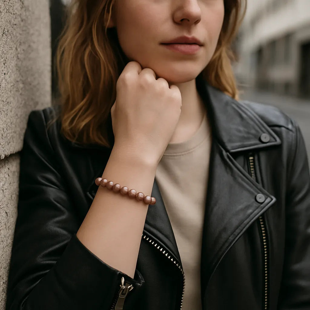Eine Frau trägt ein taupefarbenes Perlenarmband am Handgelenk. Sie lehnt in urbaner Umgebung an einer Betonwand und trägt eine schwarze Lederjacke über einem beigen Shirt. Der Fokus liegt auf dem Armband.