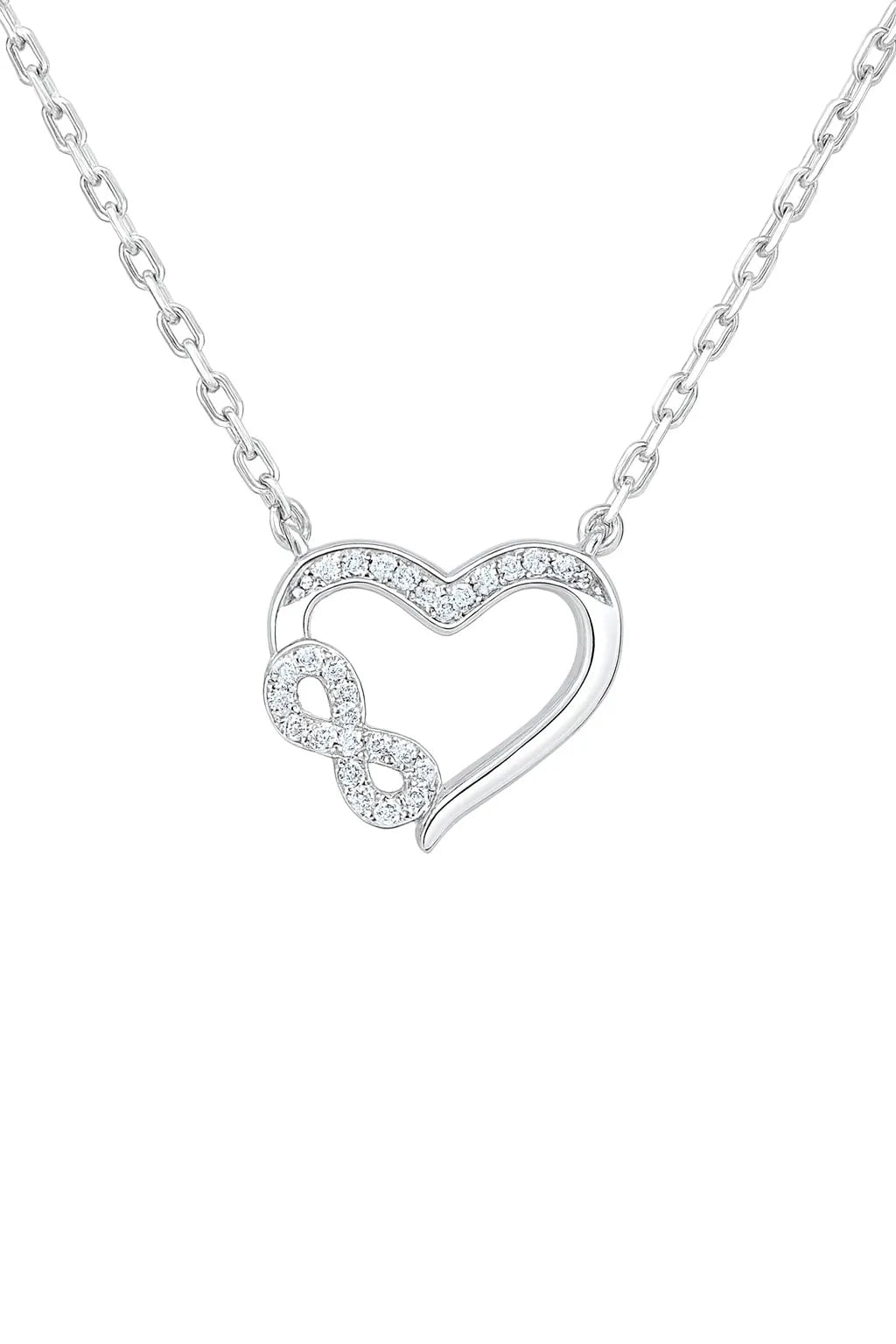 Feine Damen Silberkette aus 925 Sterling Silber mit herzförmigem Anhänger und Unendlichkeitszeichen, besetzt mit funkelnden Zirkonia auf weißem Hintergrund.
