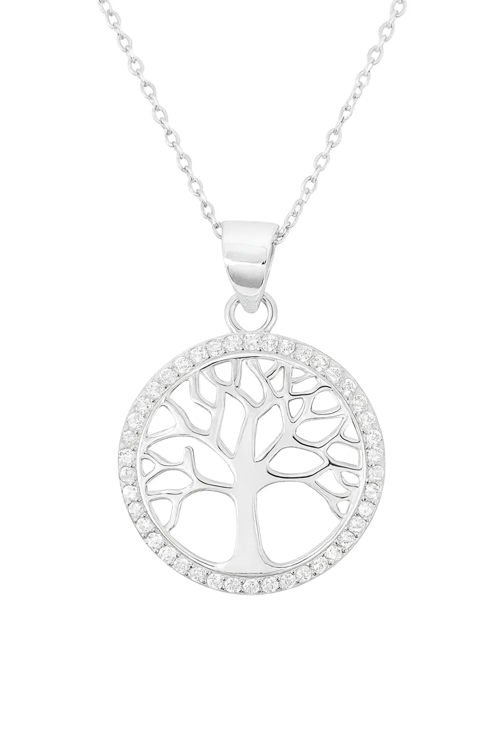 Damen-Halskette aus 925 Sterling Silber mit rundem Lebensbaum-Anhänger, umrandet von funkelnden Zirkonia, auf reinweißem Hintergrund freigestellt.