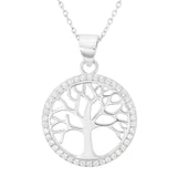 Damen-Halskette aus 925 Sterling Silber mit rundem Lebensbaum-Anhänger, umrandet von funkelnden Zirkonia, auf reinweißem Hintergrund freigestellt.