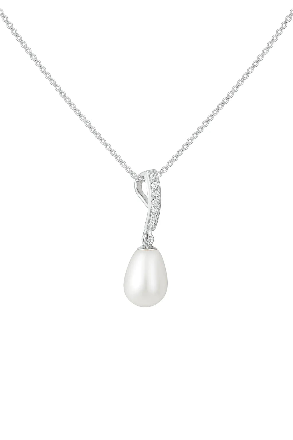 Feine Damen-Halskette aus 925 Sterling Silber mit funkelndem, mit Zirkonia besetztem Anhänger und weißer Tropfen-Süßwasserperle als eleganter Schmuck für jeden Anlass.