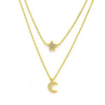 Vergoldete Damenhalskette aus 925 Sterling Silber mit zwei Kettenreihen und funkelnden Mond- und Sternanhängern aus Zirkonia, ideal für trendbewusste Frauen.
