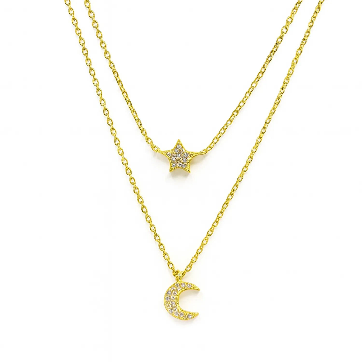 Vergoldete Damenhalskette aus 925 Sterling Silber mit zwei Kettenreihen und funkelnden Mond- und Sternanhängern aus Zirkonia, ideal für trendbewusste Frauen.