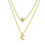 Vergoldete Damenhalskette aus 925 Sterling Silber mit zwei Kettenreihen und funkelnden Mond- und Sternanhängern aus Zirkonia, ideal für trendbewusste Frauen.