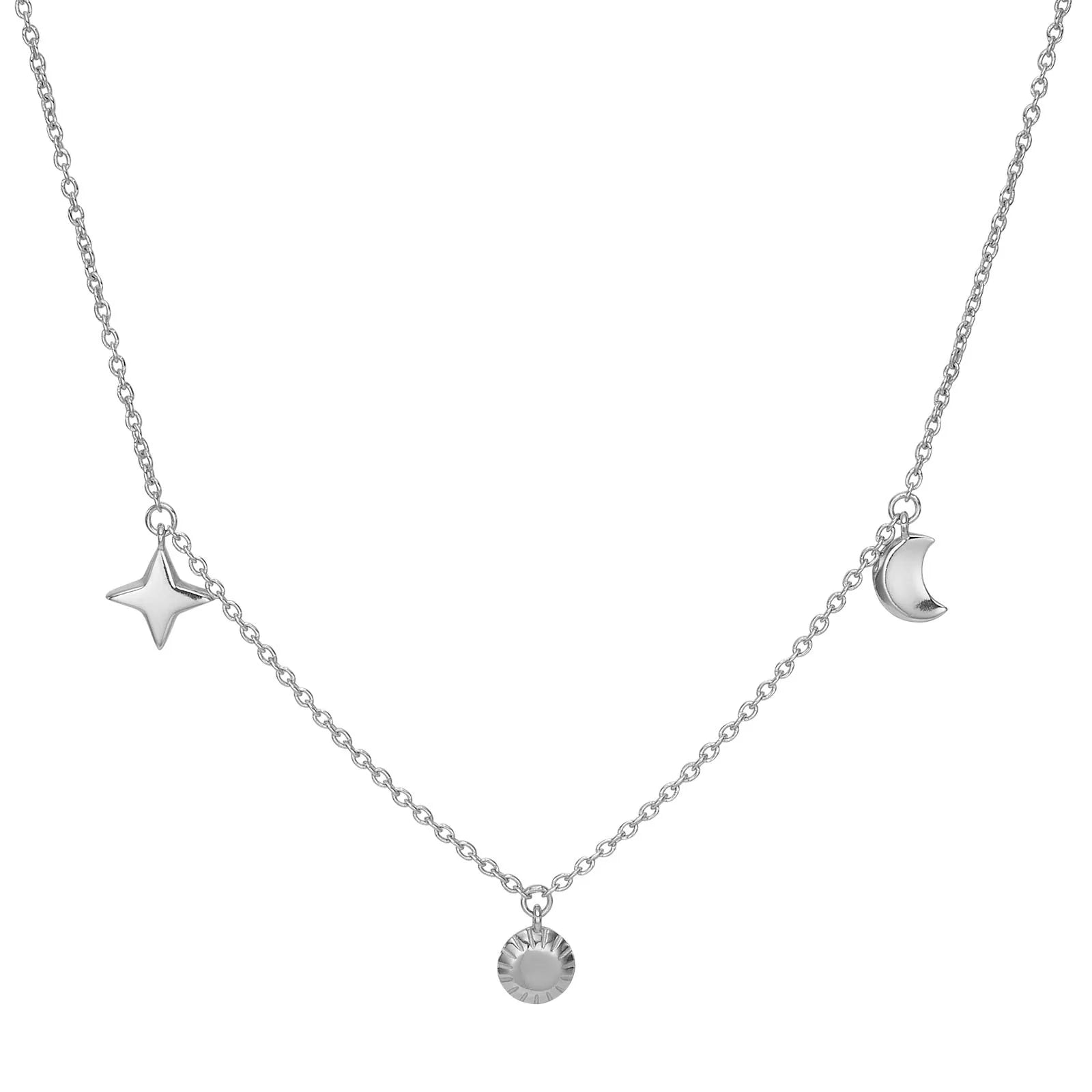 "Filigrane Damen-Halskette aus Silber mit zarten Anhängern Stern, Mond und Sonne – eleganter Symbolschmuck für jeden Tag"
