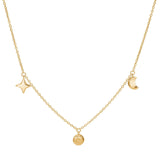 Vergoldete Damen-Halskette aus 925 Sterling Silber mit filigranen Sonne-, Mond- und Stern-Anhängern im modernen Universe-Design auf weißem Hintergrund.