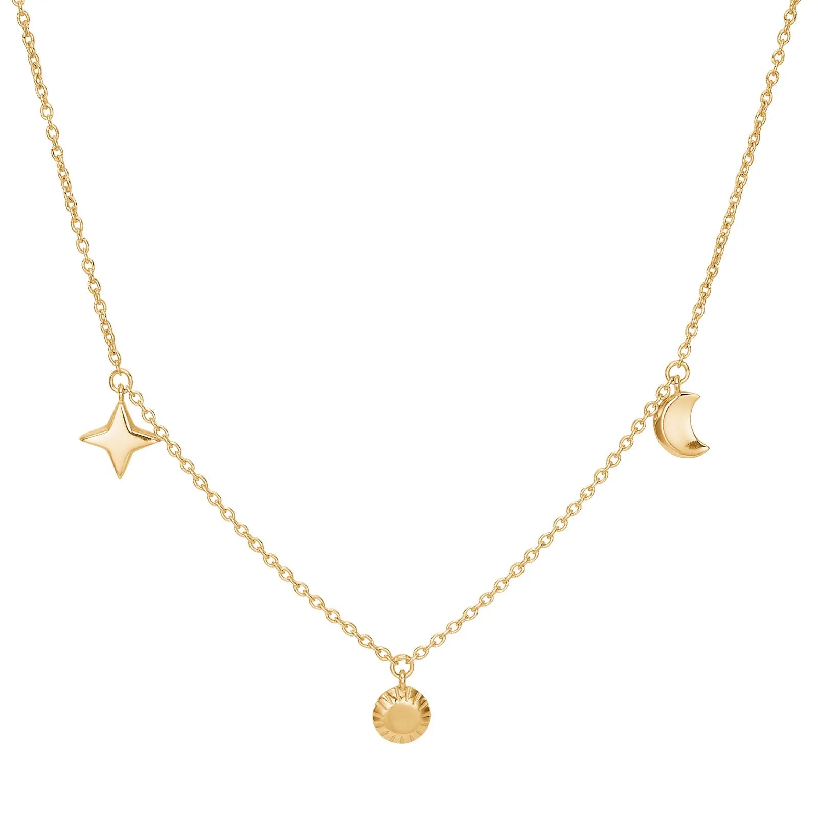 Vergoldete Damen-Halskette aus 925 Sterling Silber mit filigranen Sonne-, Mond- und Stern-Anhängern im modernen Universe-Design auf weißem Hintergrund.