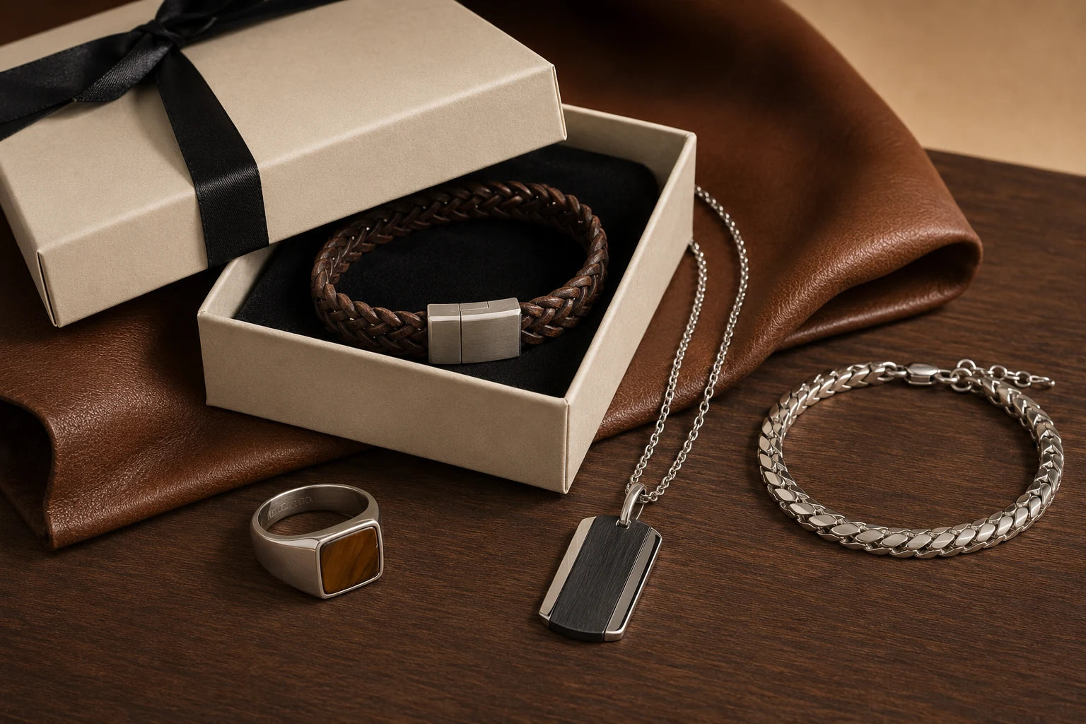 Herrenschmuck mit Geschenkbox auf dunklem Holz und cognacfarbenem Leder