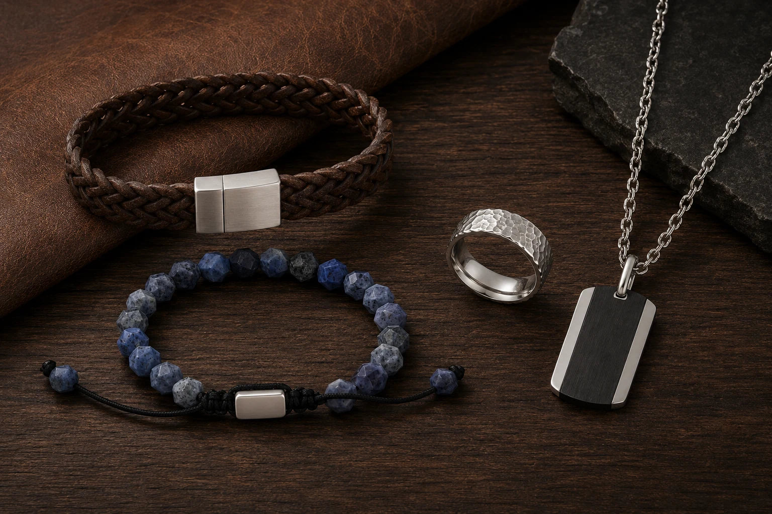 Herrenschmuck aus Edelstahl, Leder und blauem Sodalit auf dunklem Holz